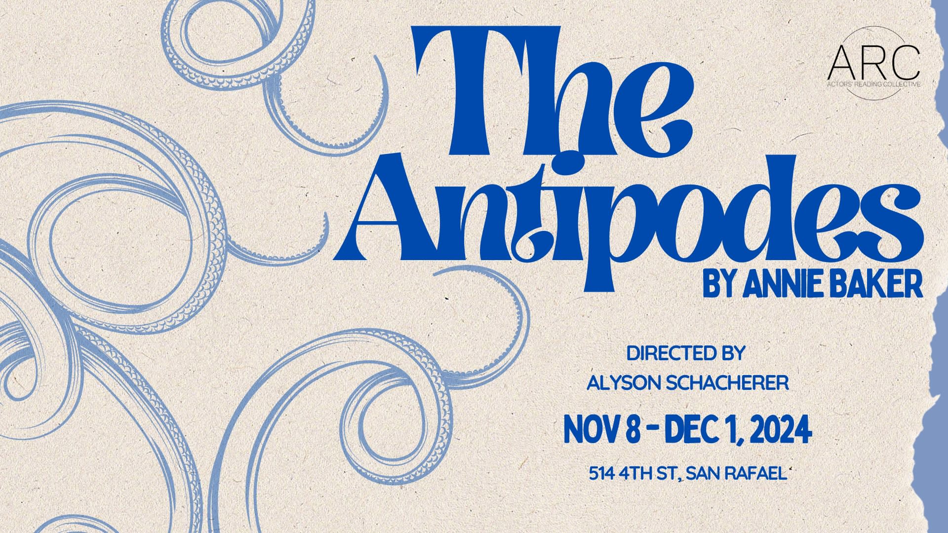 line drawing of mysterious blue tentacles wrap around the text, on a textured background of cream paper