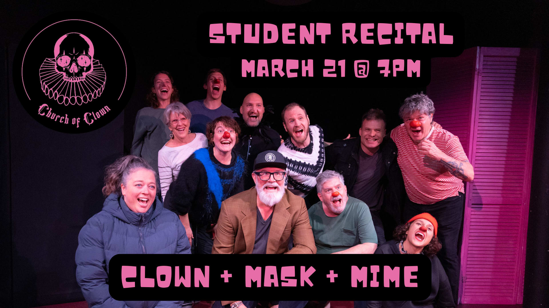 Group photos of clowns with information on Student Showcase March 21