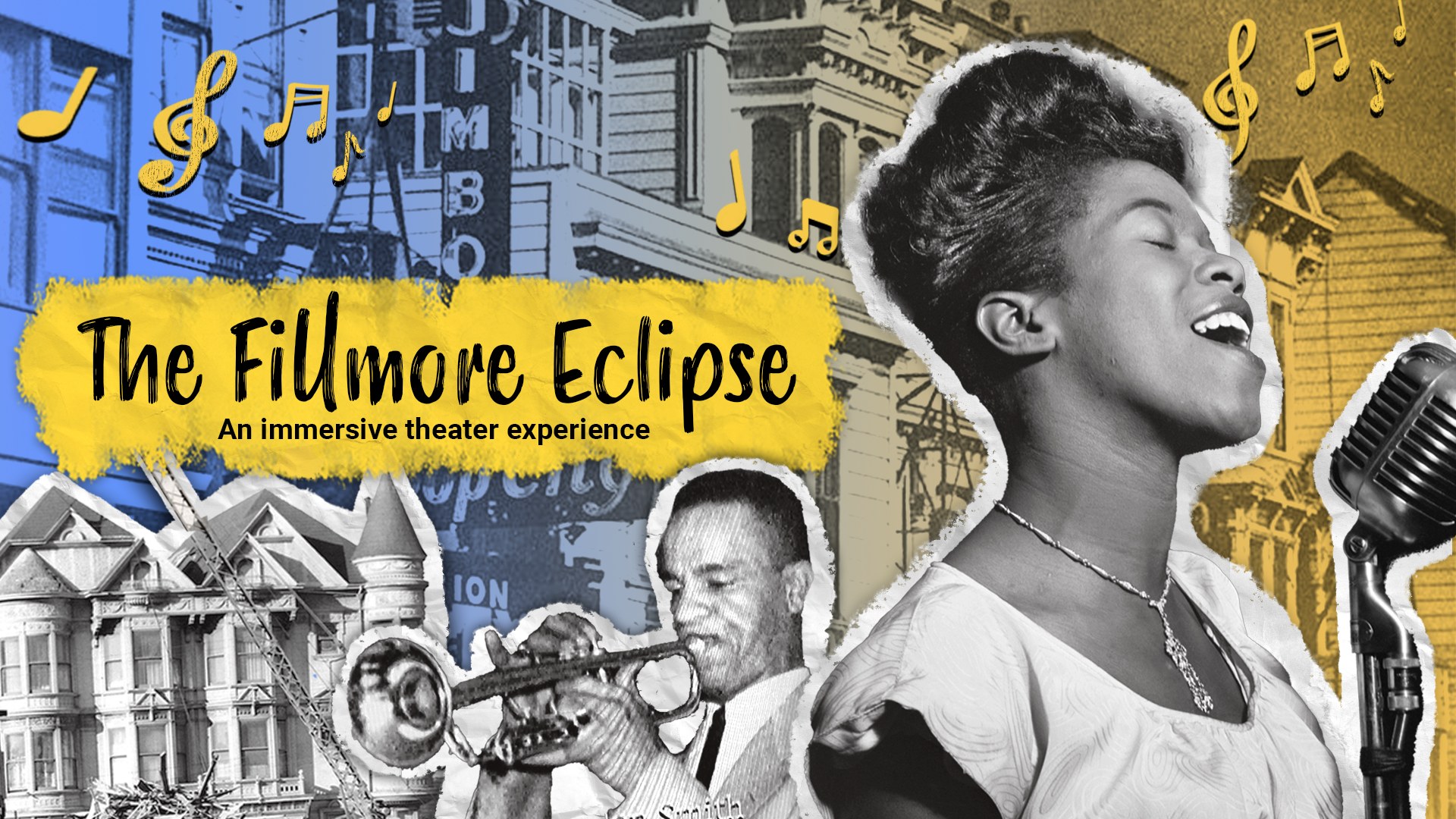 A black and white image of Sarah Vaughan singing jazz is superimposed over a background of images of Victorian buildings in t