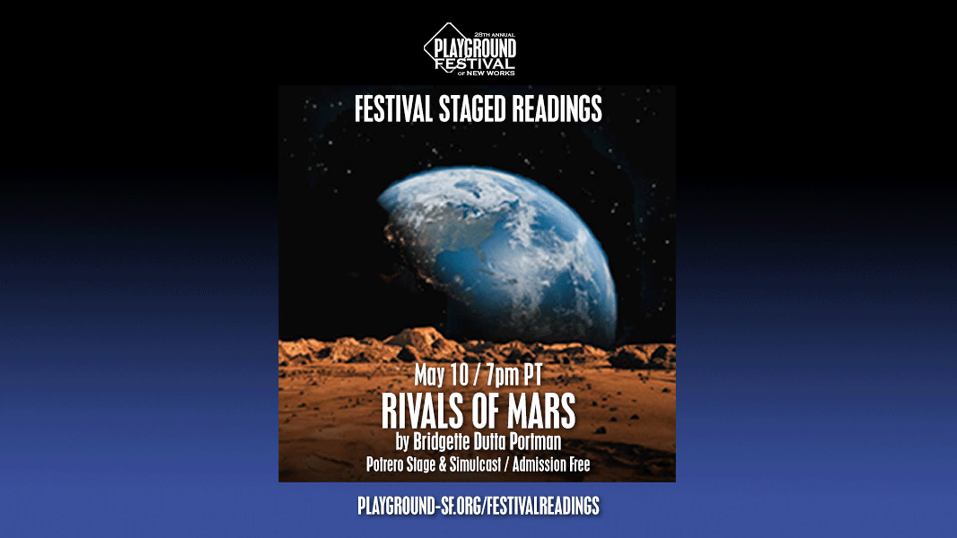 Header image that reads PlayGround Festival: Rivals of Mars with an image of the planet Earth as seen from the face of the pl