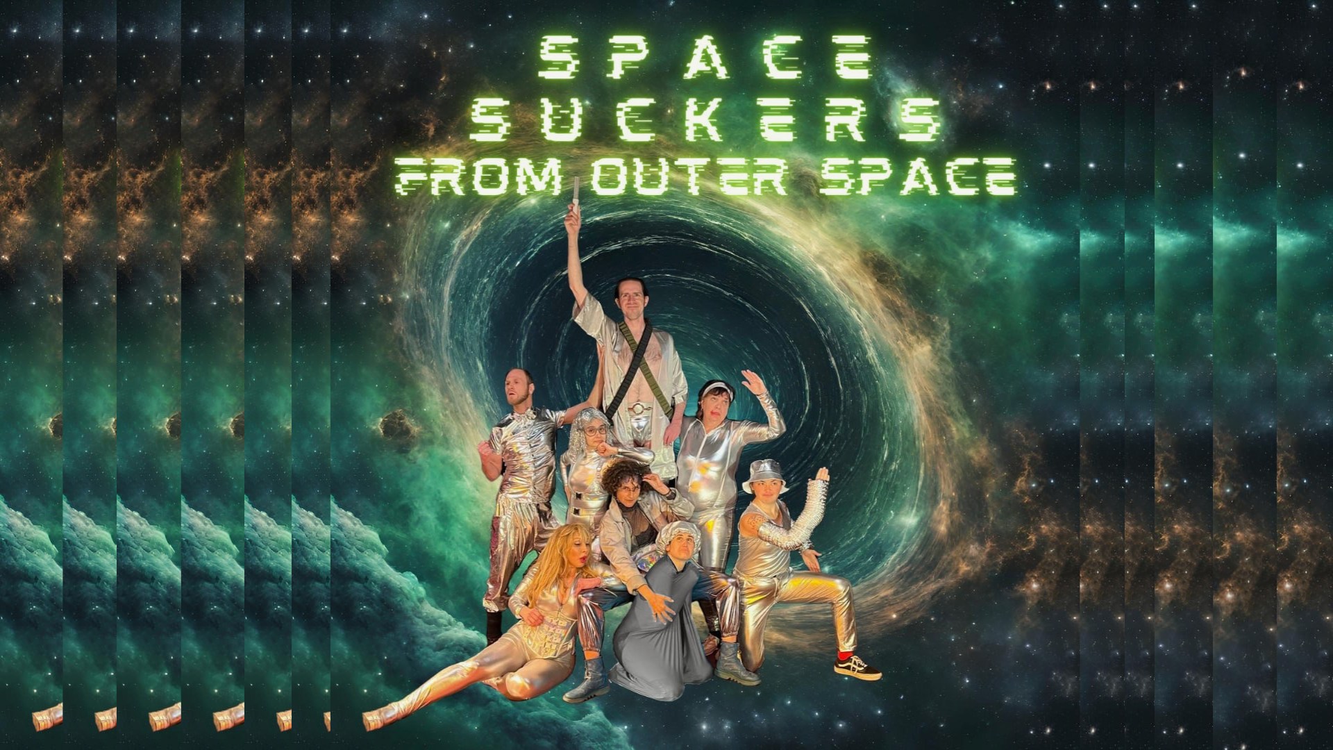 A Group of People Dressed in all Silver posing as space cadets with a galaxy background.
