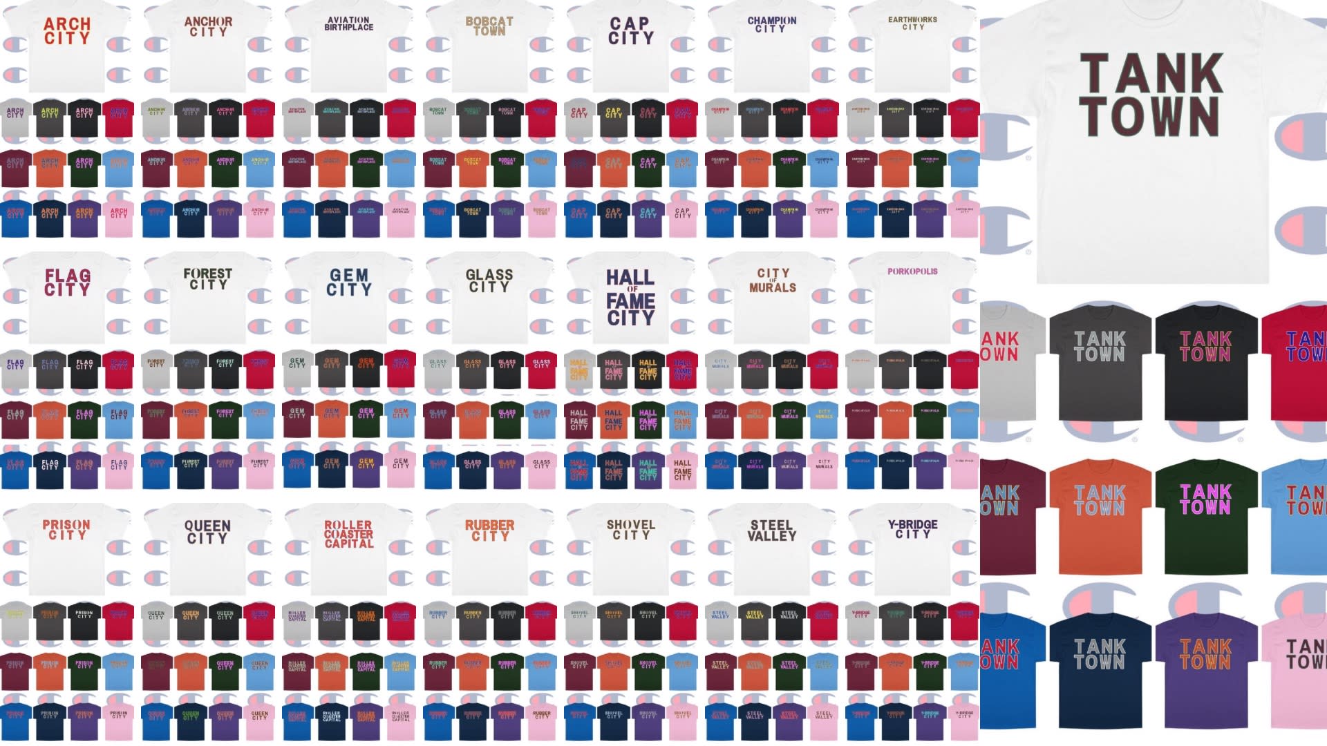 Champion T-shirts in various colors with Ohio city nicknames like Tank Town, Glass City, and Gem City