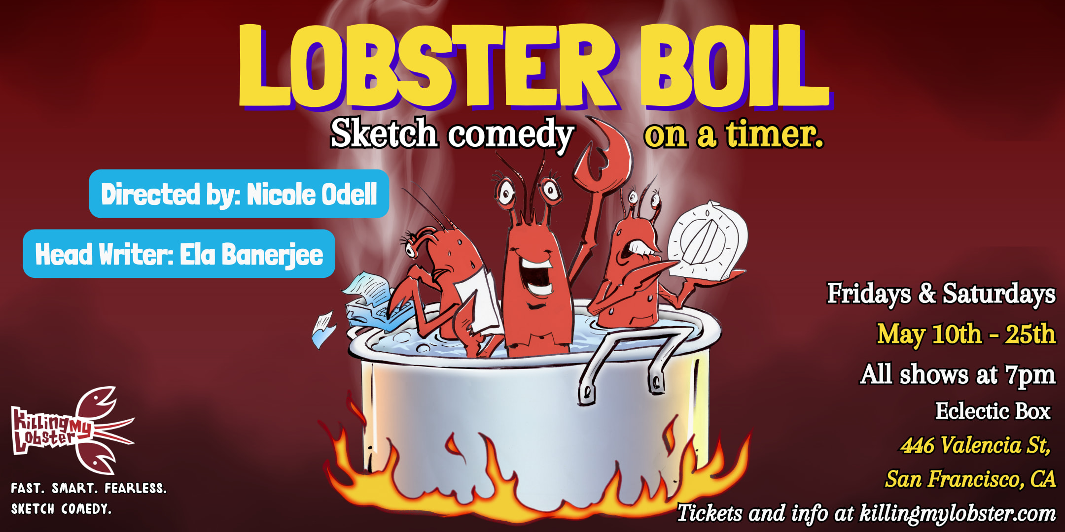 Three nervous lobsters in a pot. One is writing furiously, one is rehearsing, and the other is holding a timer.