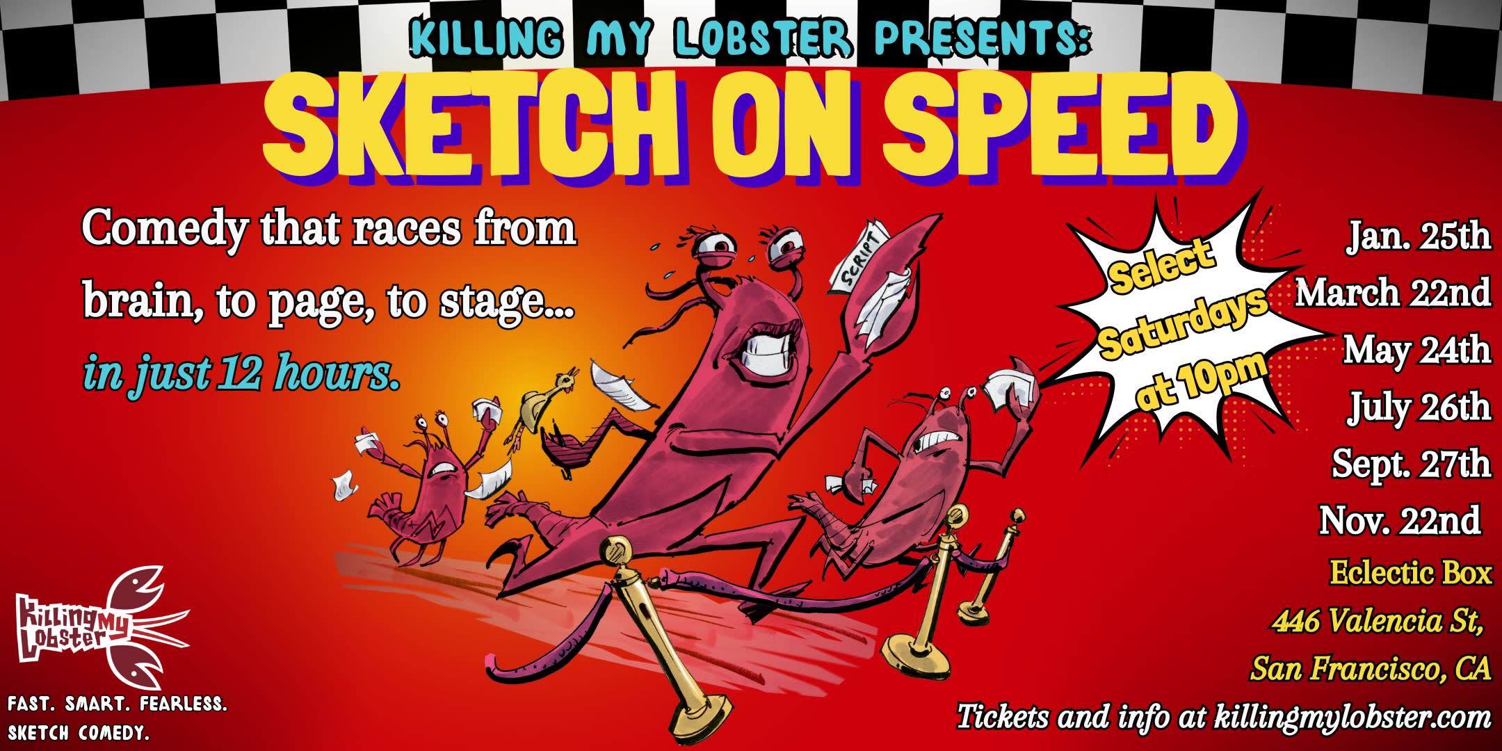 Three anthropomorphized lobsters running to a finish line, with scripts and comedy props flying in their wake.