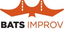 An orange bat that is shaped like the Golden Gate Bridge hangs upside down over the text BATS IMPROV.