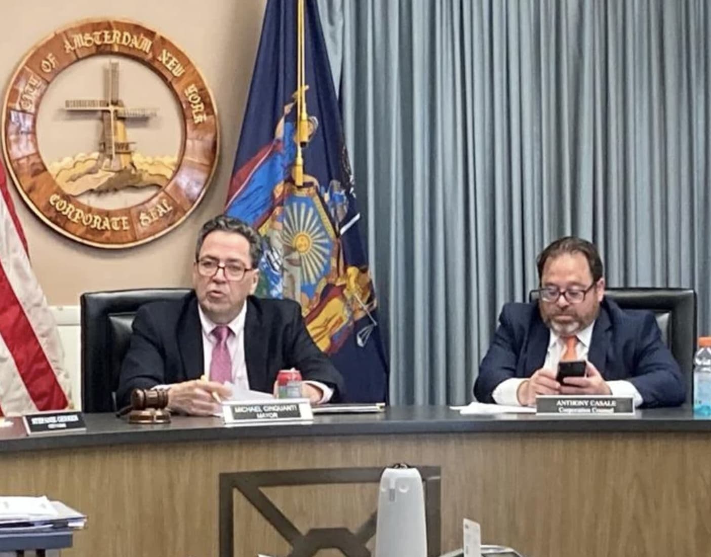 Amsterdam Mayor Michael Cinquanti and Corporation Counsel Anthony Casale at Tuesday's Common Council meeting.  Ashley Onyon