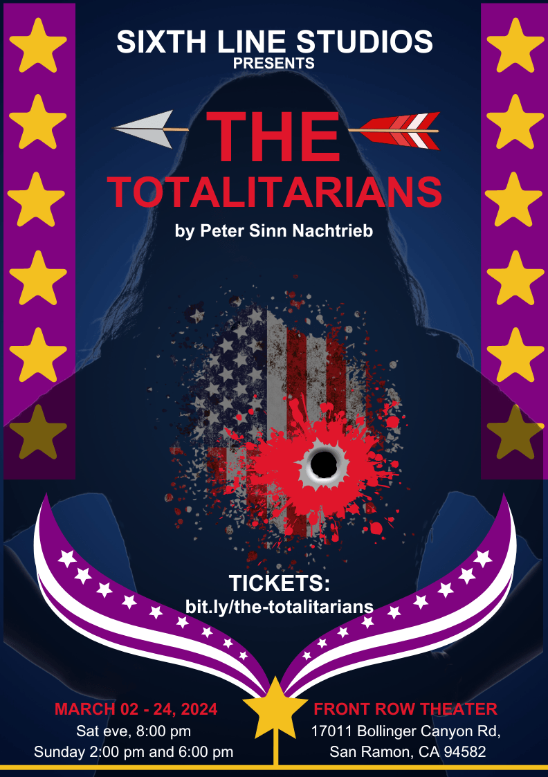 The Totalitarians poster with show information over a black silhouette with yellow stars on a purple border