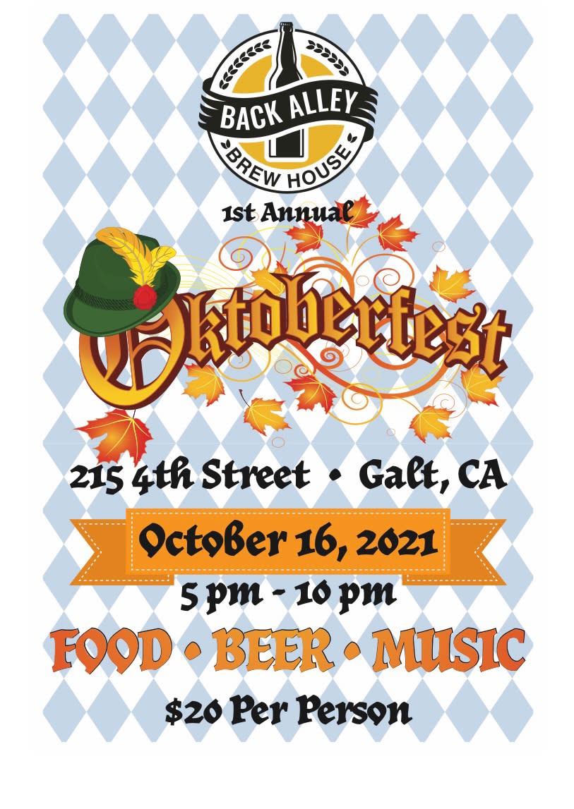 Back Alley Brew House - 1st Annual Oktoberfest, 10/16/21, 5-10 pm, 215 4th St. Food, beer & music. $20 per person.