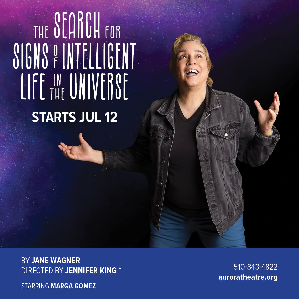 This graphic portrays marga Gomez, a Latina female-identifying person in bule jeans, a black tee shirt, and a grey denim jack