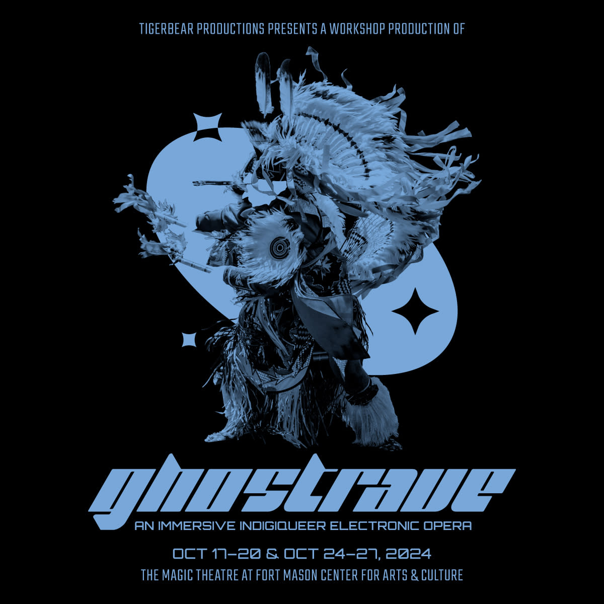 Web banner graphic for GhostRave: an immersive indigiqueer electronic opera, presented by TigerBear Productions October 17-27