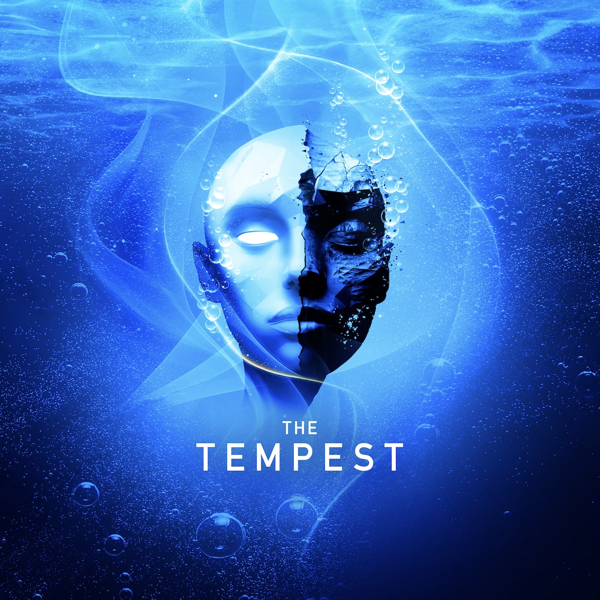 This bright blue graphic features a face half masked, under water, surrounded by swirling bubbles and waves.