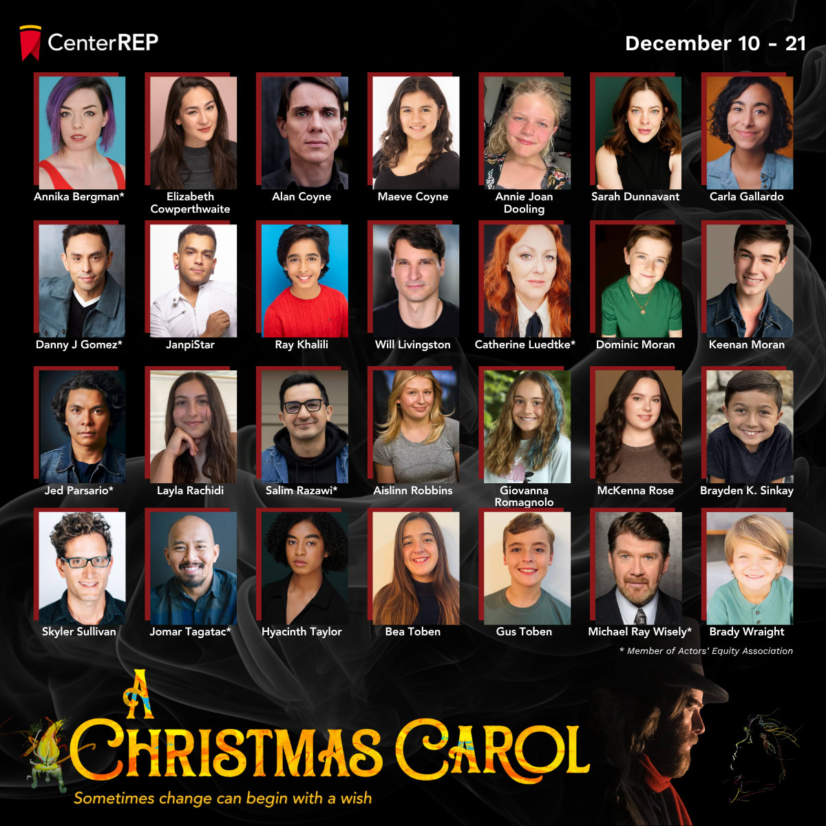 A grid of 28 headshots with names of Center REP's 2025 A Christmas Carol cast members