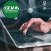 male hand on a laptop keyboard with CEMA logo
