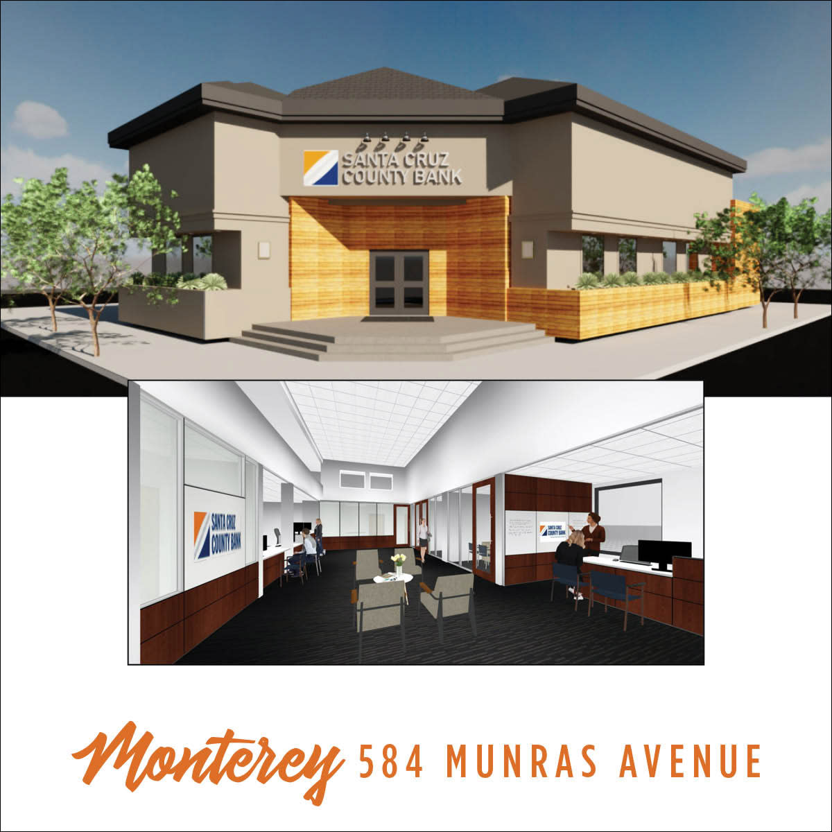 Santa Cruz County Bank Monterey Branch Illustration of Exterior and Interior