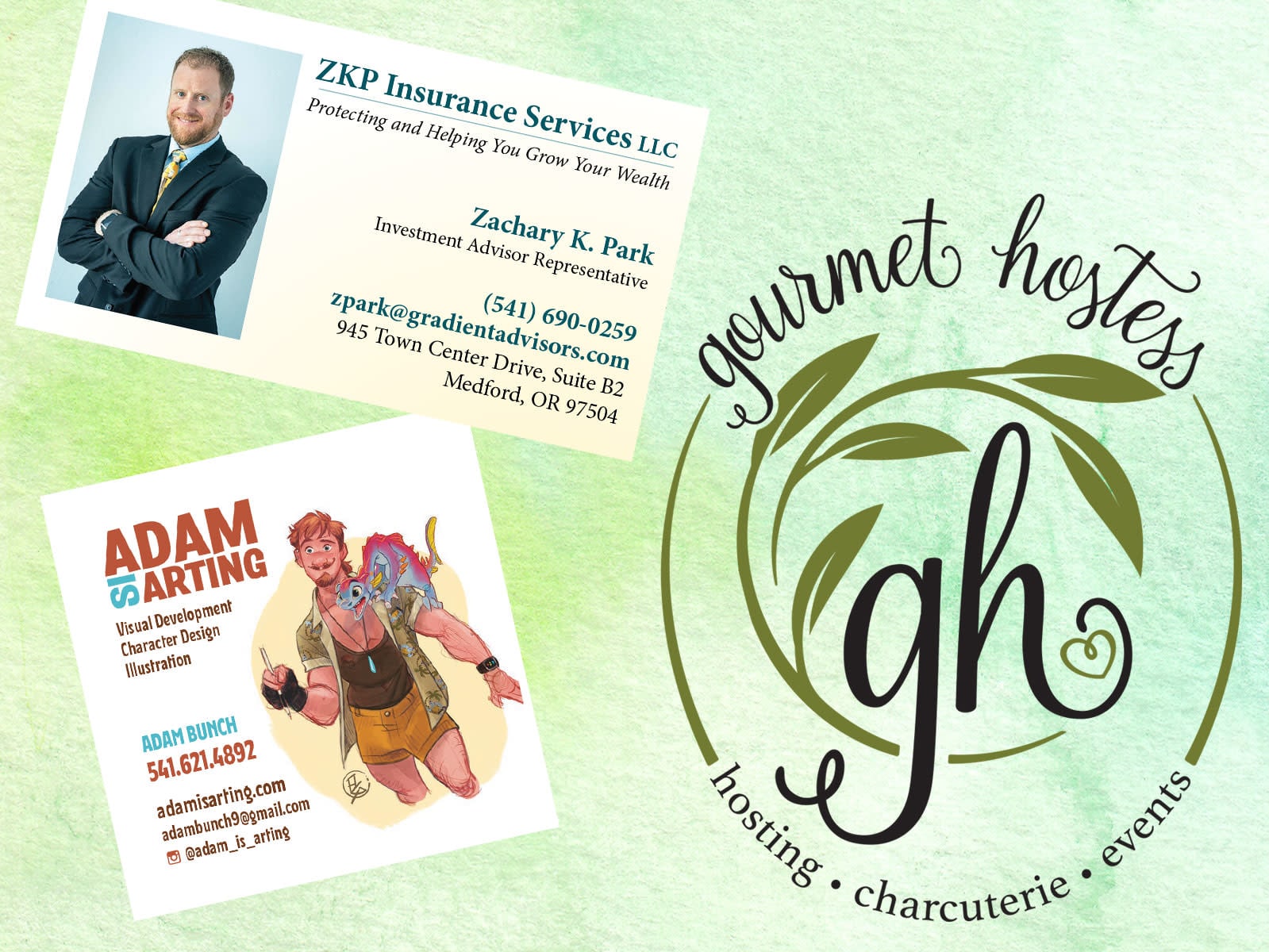 An example of logo and business card designs for three recent clients.