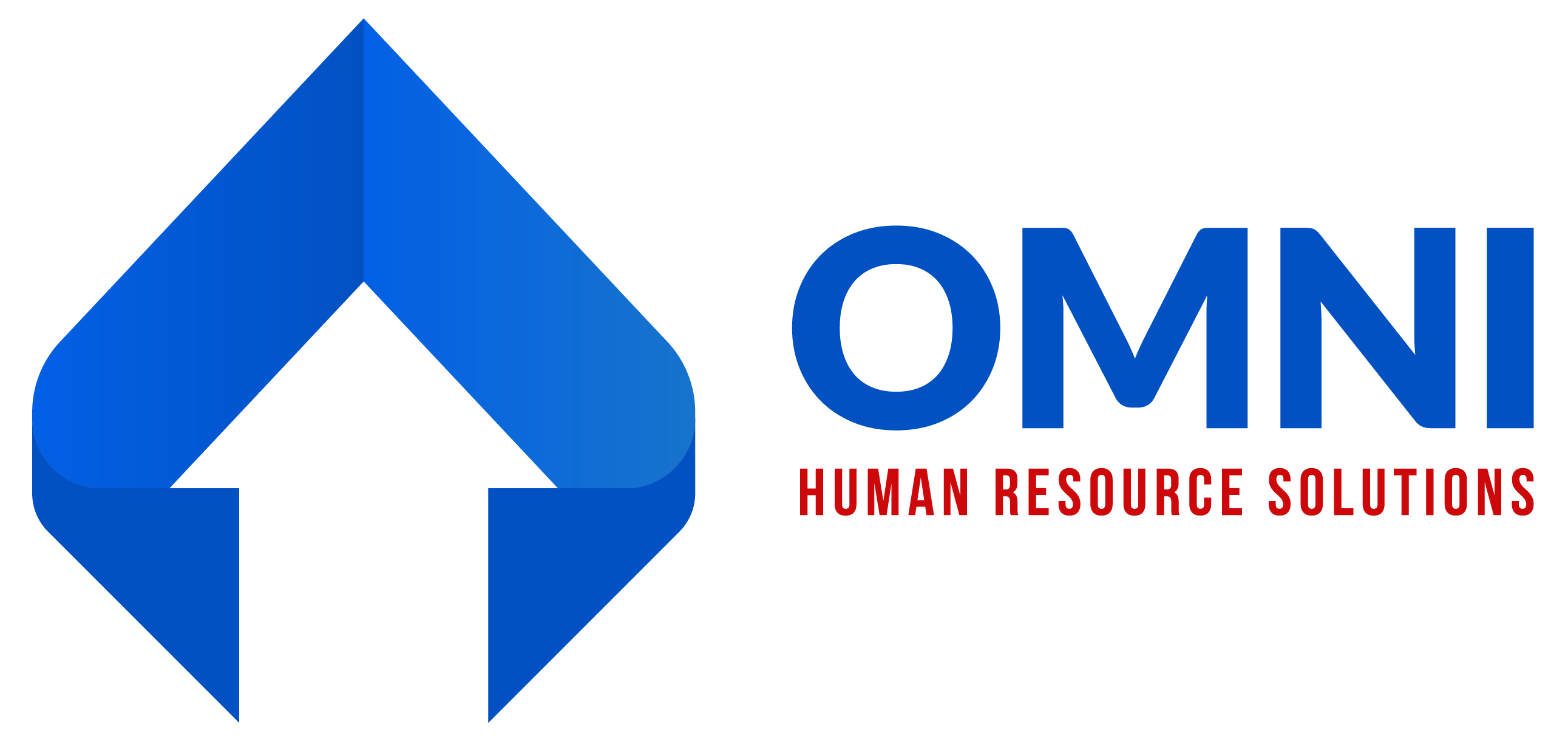 Blue gradient triangle icon with the words OMNI Human Resource Solutions in blue and red