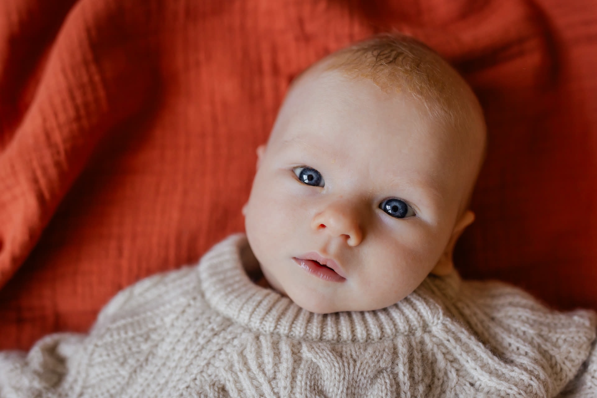 portrait of a baby wearing a sweater laying on an orange blanket and looking at the camera