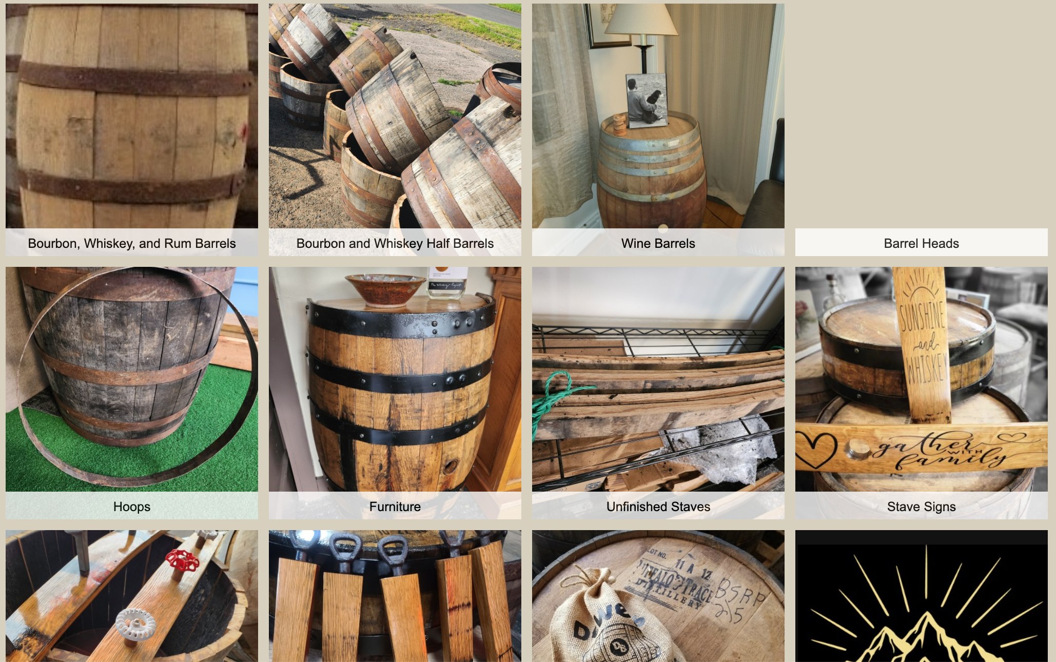 products available at Dewey's barrels including furniture, staves, home decor, signs, wood chunks and more