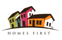 four multicolored house icons with the words Homes First