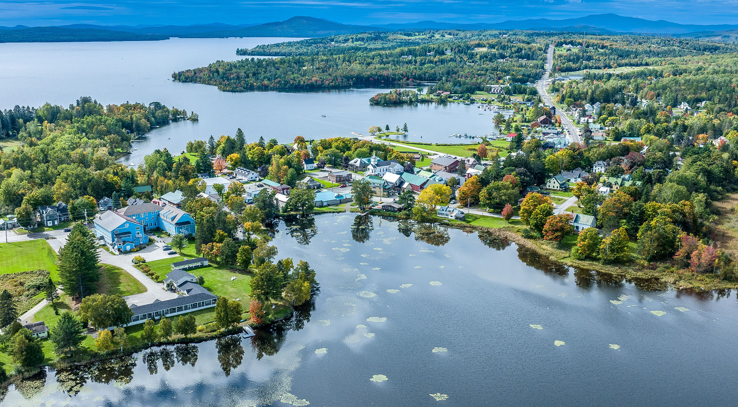 Aerial view of The Rangeley Inn, set on Haley Pond in the center of Rangeley.