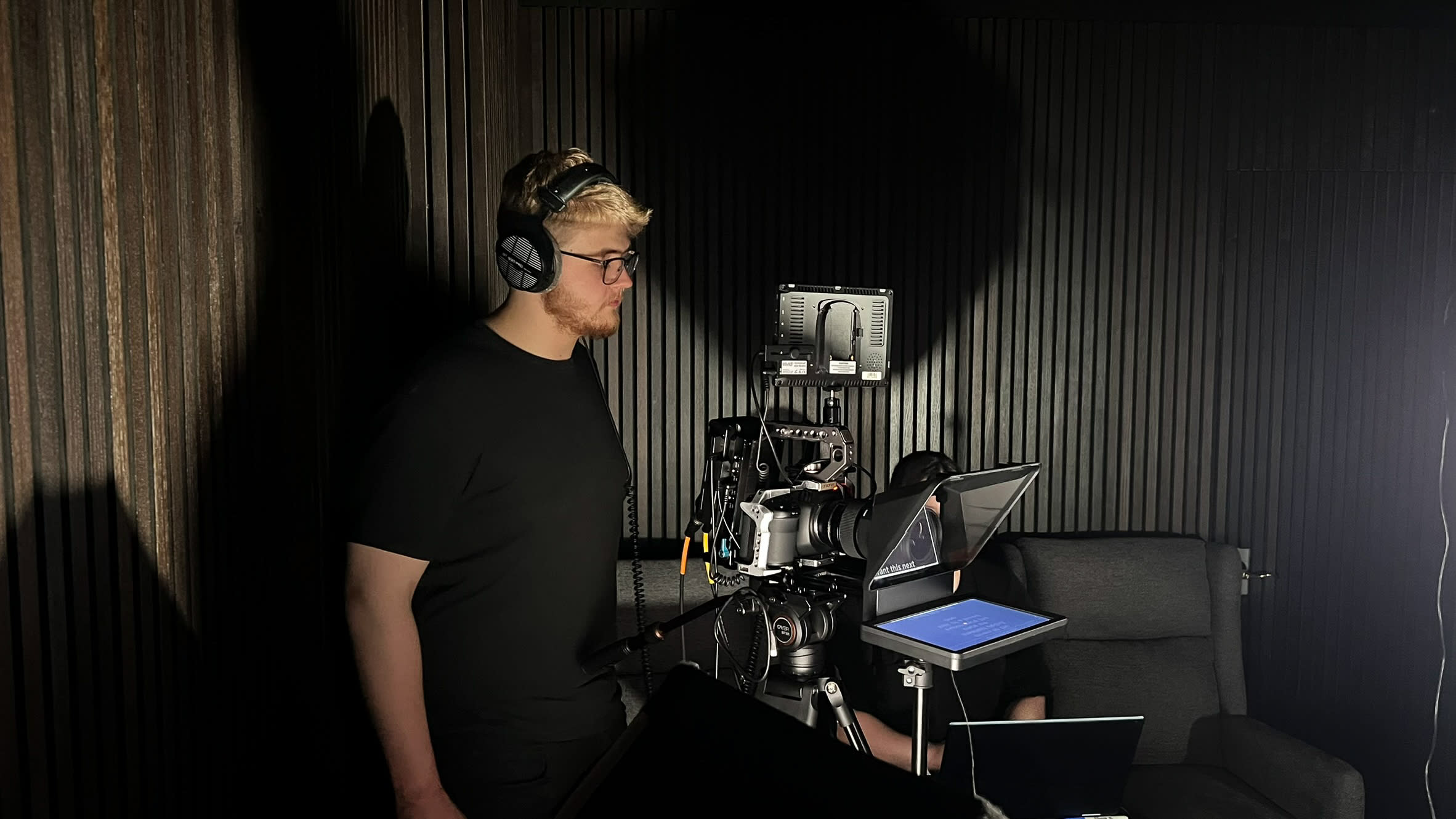 Brokken Media team filming a video production in their Normal, Illinois studio