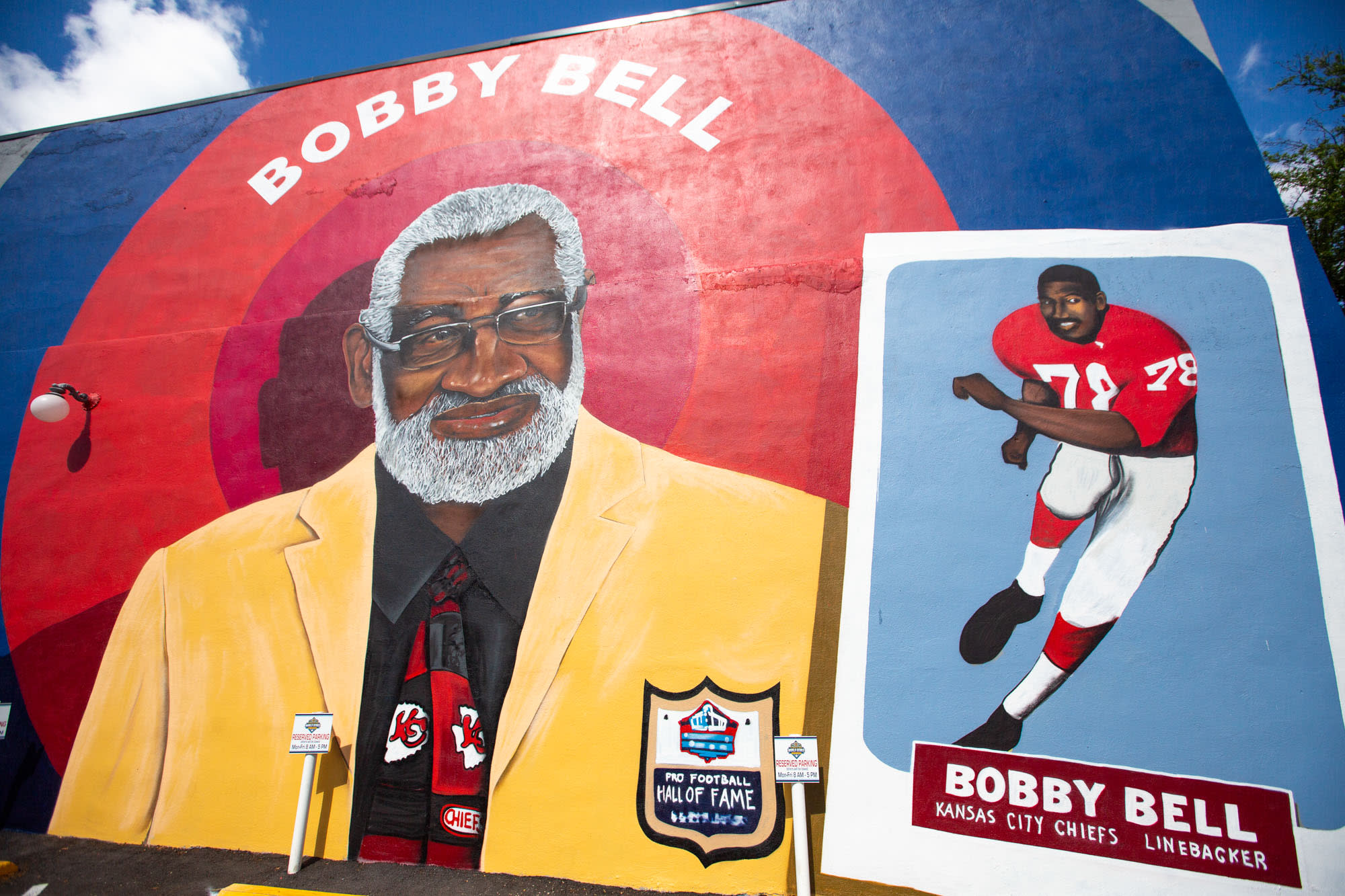 The Bobby Bell Mural in Uptown Shelby features Kansas City Chiefs Hall of Fame Linebacker, Bobby Bell, a Shelby, NC native.