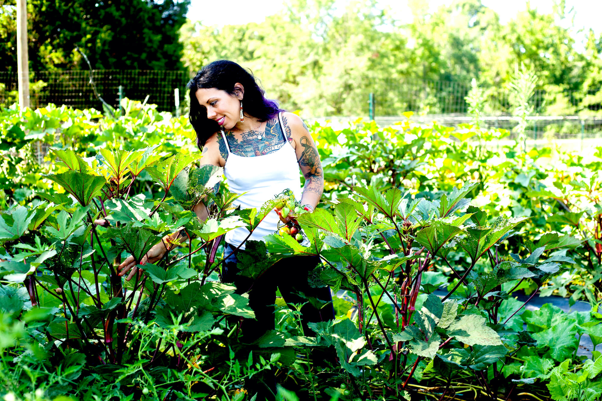 Founder of Virginia Free Farm, Amyrose Foll, stands in a garden thick with tall plants that have large green leaves.
