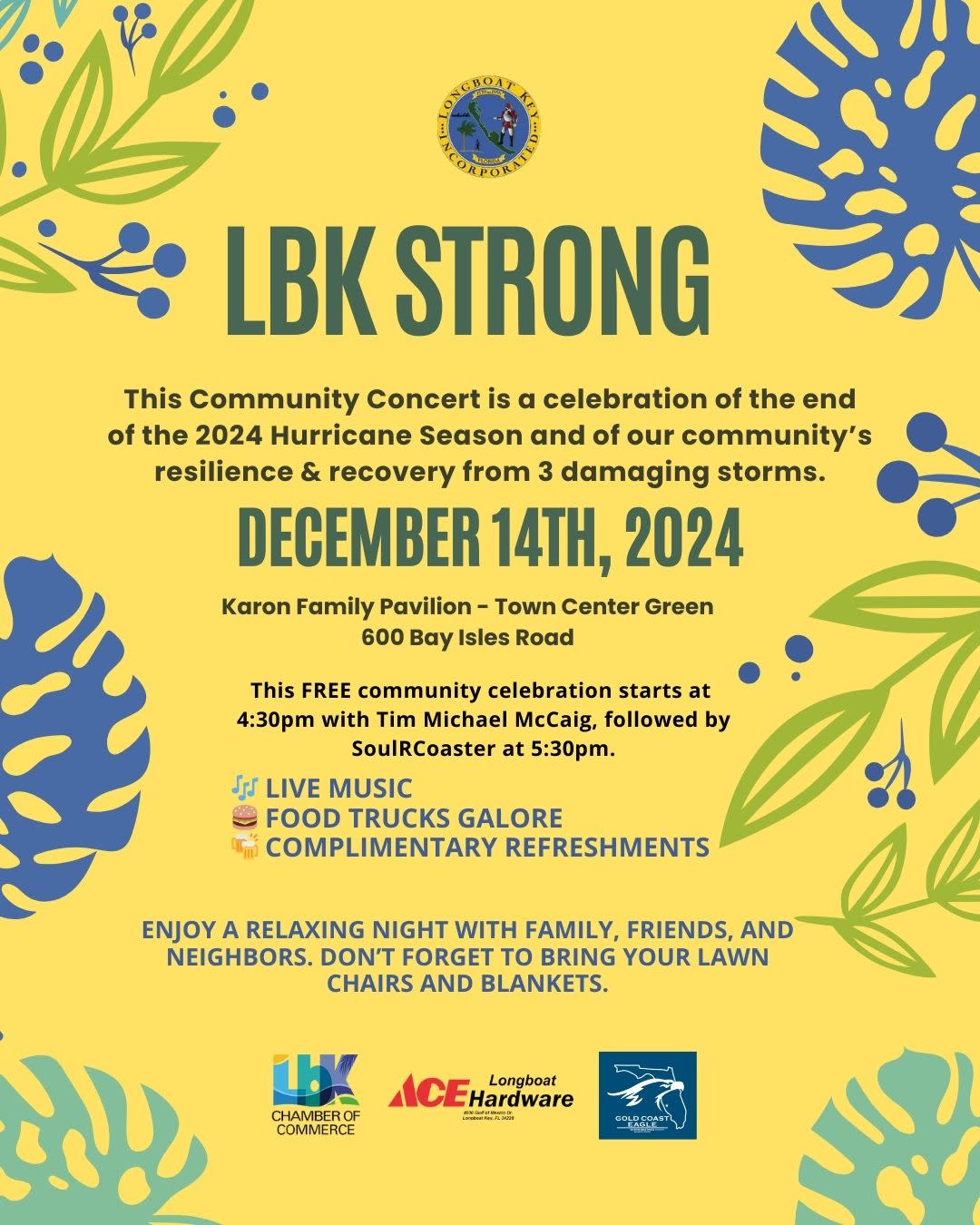 Graphic for a community concert on Longboat Key. LBK Strong! Concert, happening on December 14th at 4:30pm