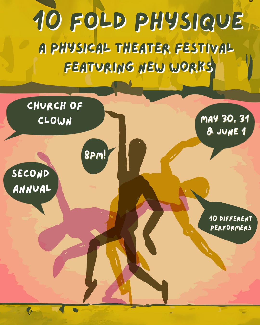 a multi-color background of pink, salmon pink, and beige. In the center are figures dancing, a purple figure to the left is l