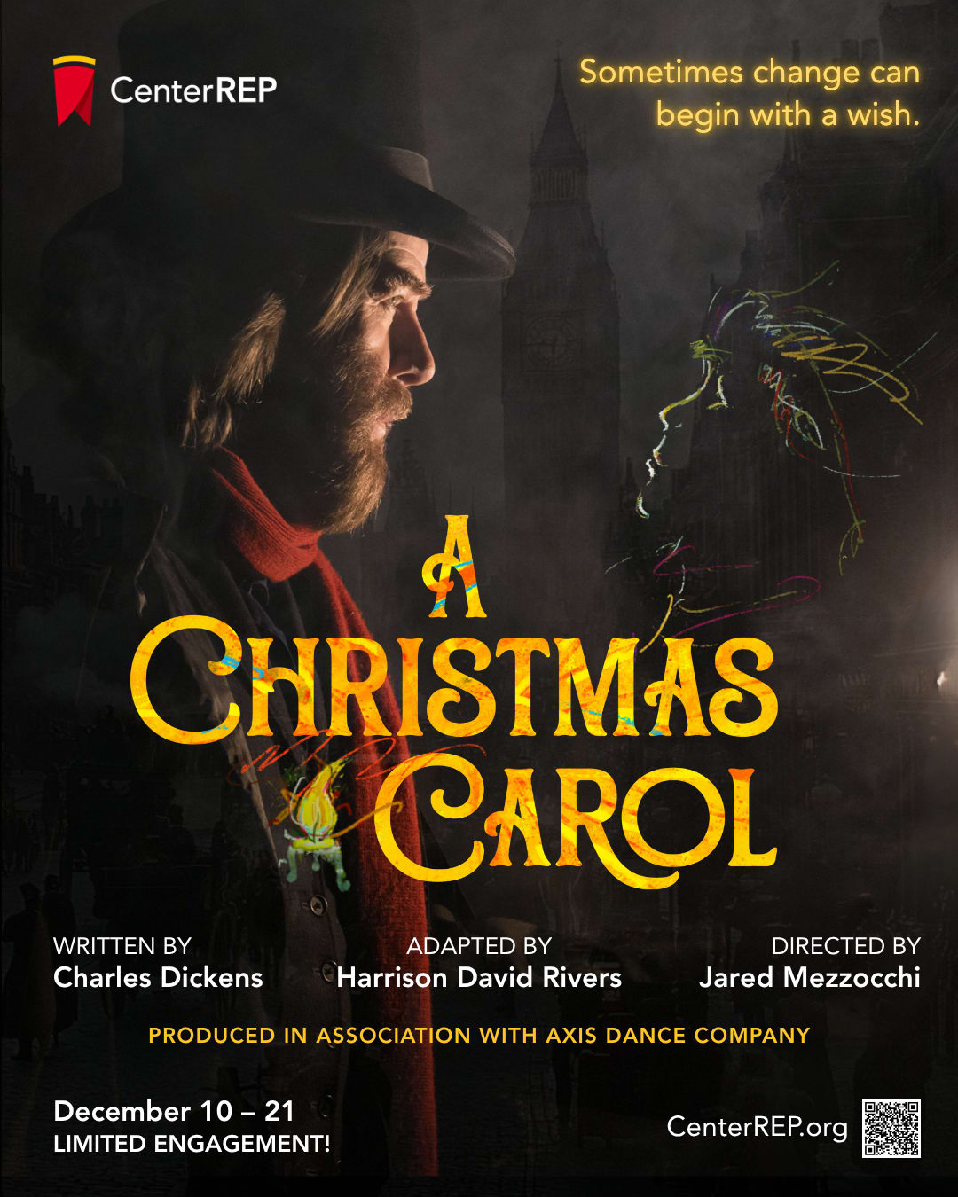 Center REP logo and A Christmas Carol title artwork with candle, with an image of Scrooge looking past a ghostly child's uptu