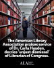 Image of Dr. Hayden standing between bookshelves in a library with text of support from the American Library Association