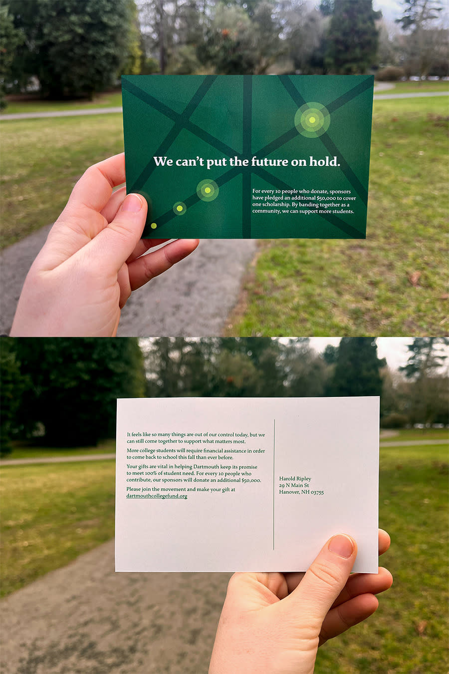 A photograph of the front and back of a postcard for Dartmouth College.