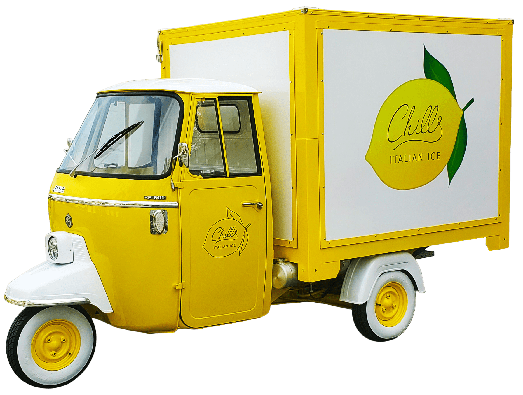Italian inspired lemon yellow vintage Italian truck, three wheeled Italian Ice food truck by Chills Italian Ice
