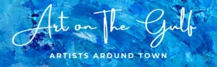 Logo for Art on the Gulf - white font on a blue and white marble background