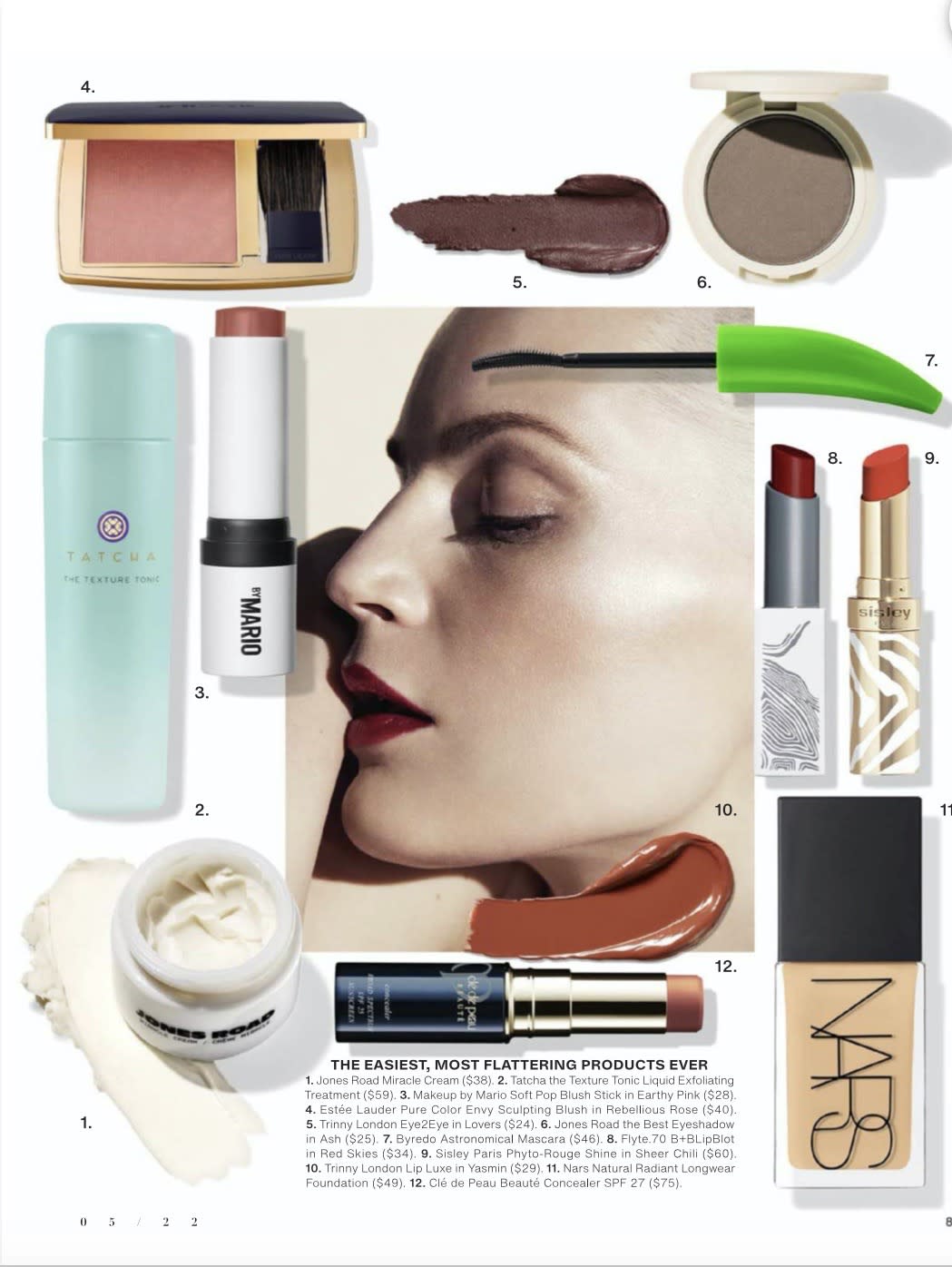 Image side profile of a woman's face surrounded by beauty products on a white background