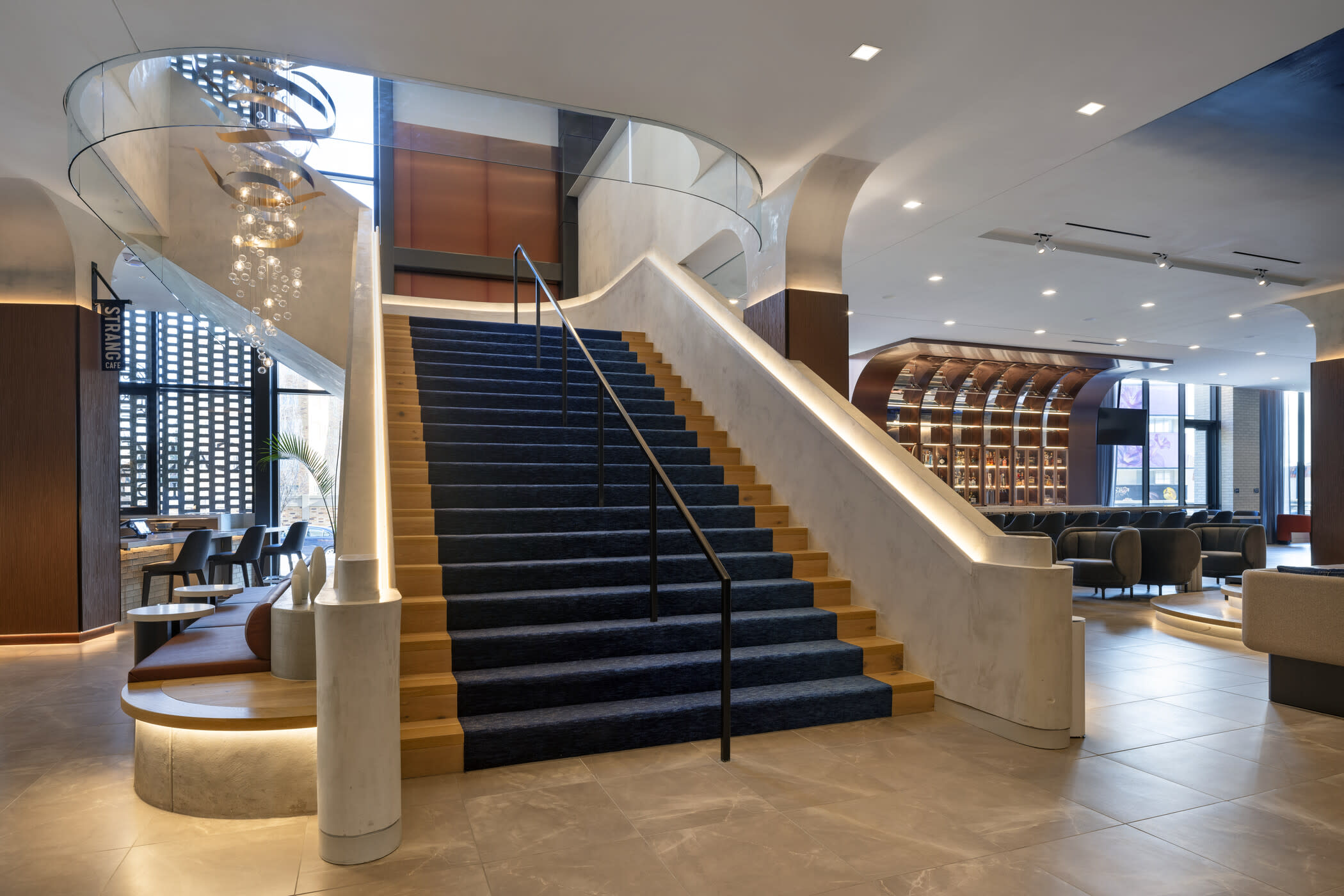 The Grand Staircase leading up to the event space at Cascade Hotel