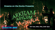 Promotional poster for a theatrical event titled Arkham Asylum Vaudeville, presented by Dreams on the Rocks. The background f