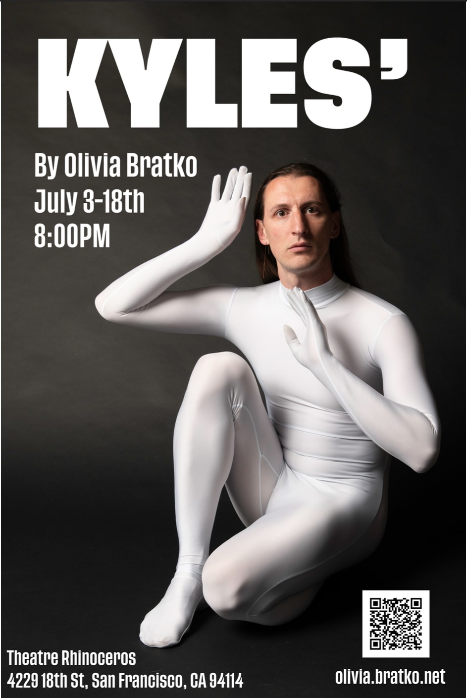 Olivia Bratko gazes at the viewer mysteriously, wearing a white polyester bodysuit.