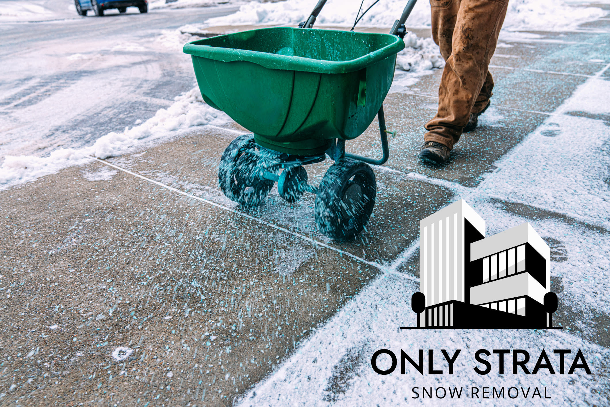Worker applying road salting on a snowy sidewalk — professional strata snow clearing services in Richmond, Delta, and Tsawwas