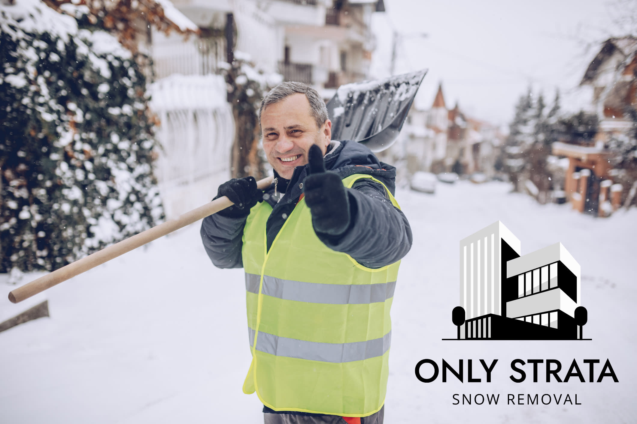 Man holding snow shovel — strata-focused snow removal services in Richmond, Delta, and Tsawwassen.