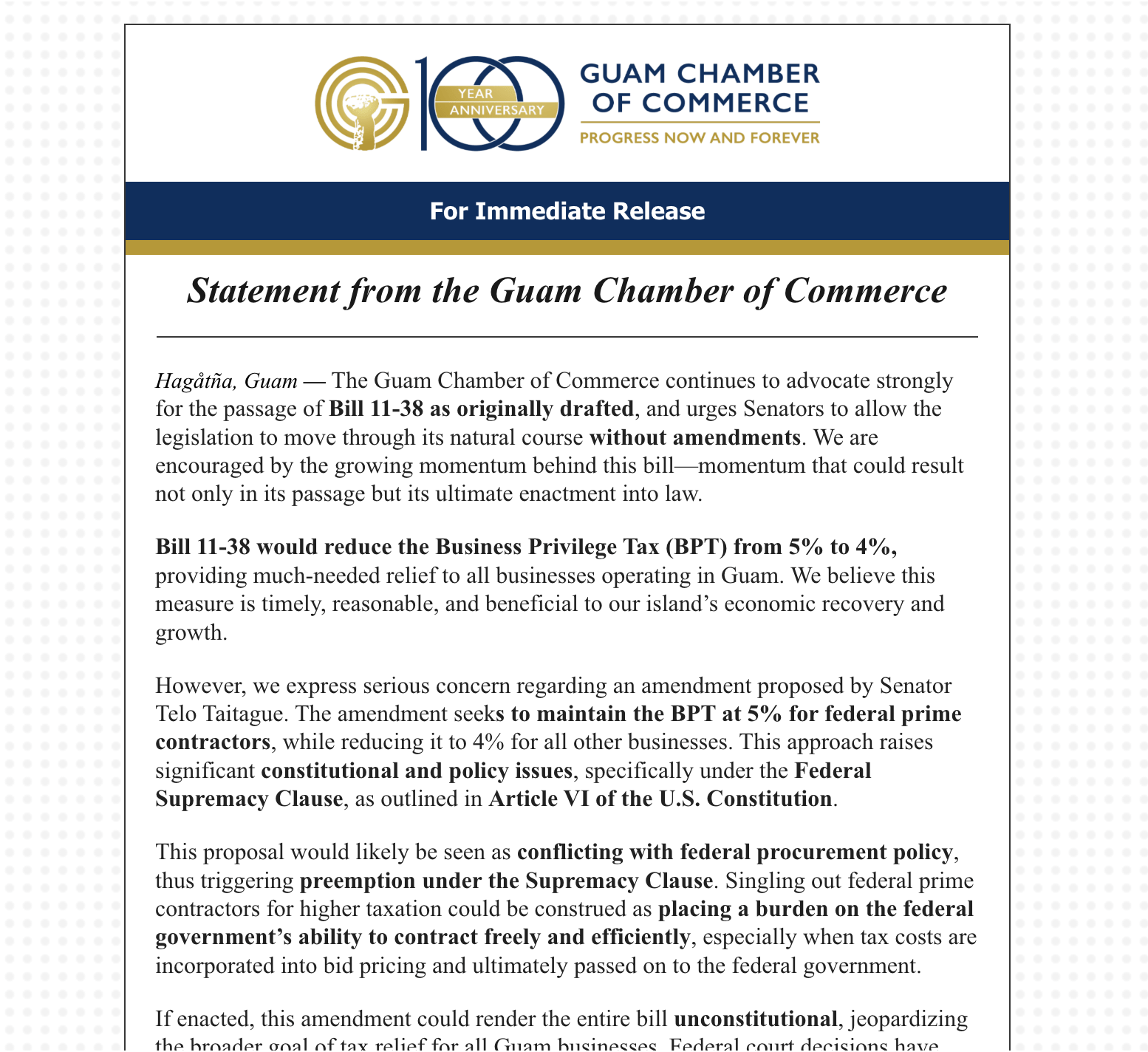 Statement from the Guam Chamber of Commerce