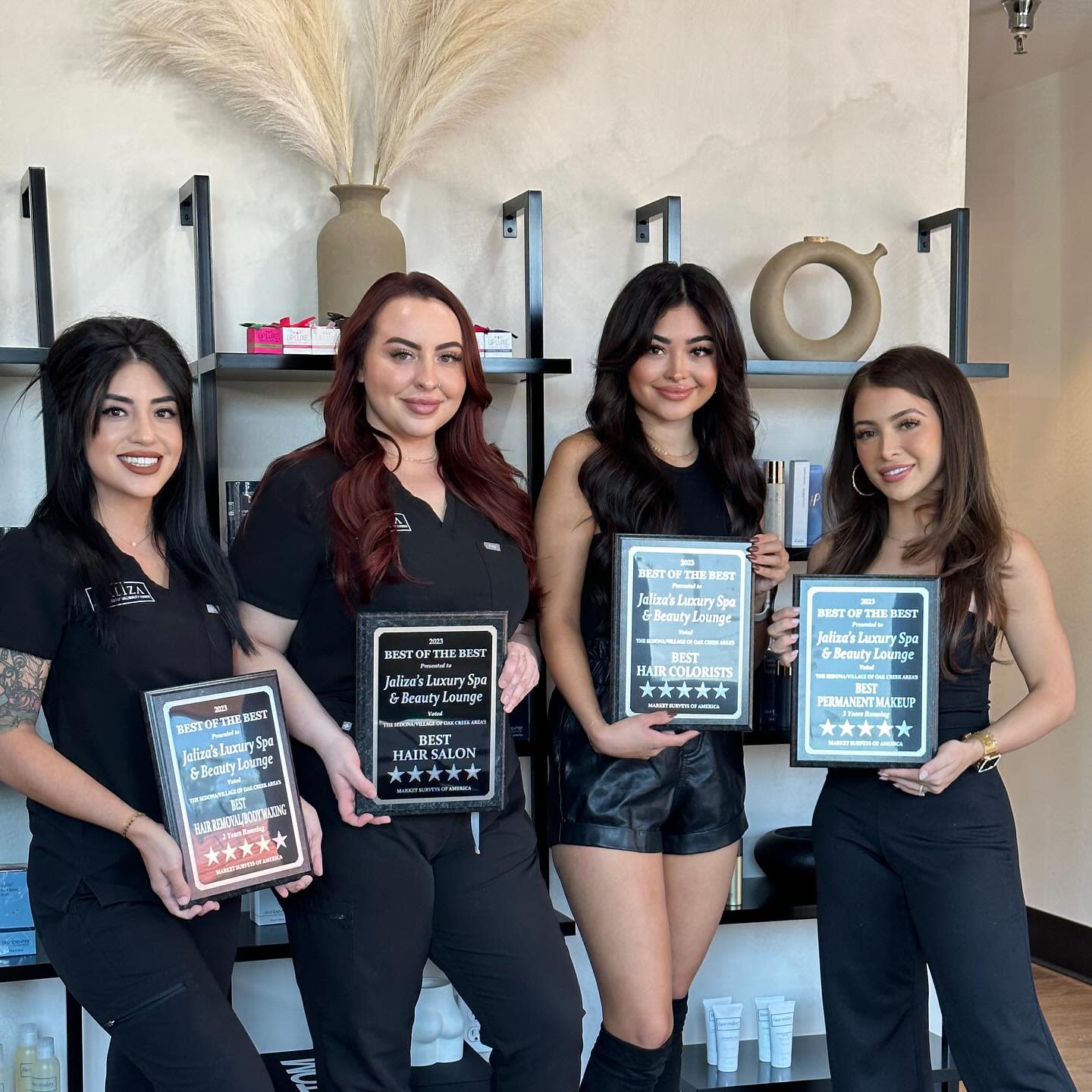 our beauty professionals at Jaliza Sedona Luxury Med Spa and Beauty Lounge in West Sedona holding “Best of the Best” awards
