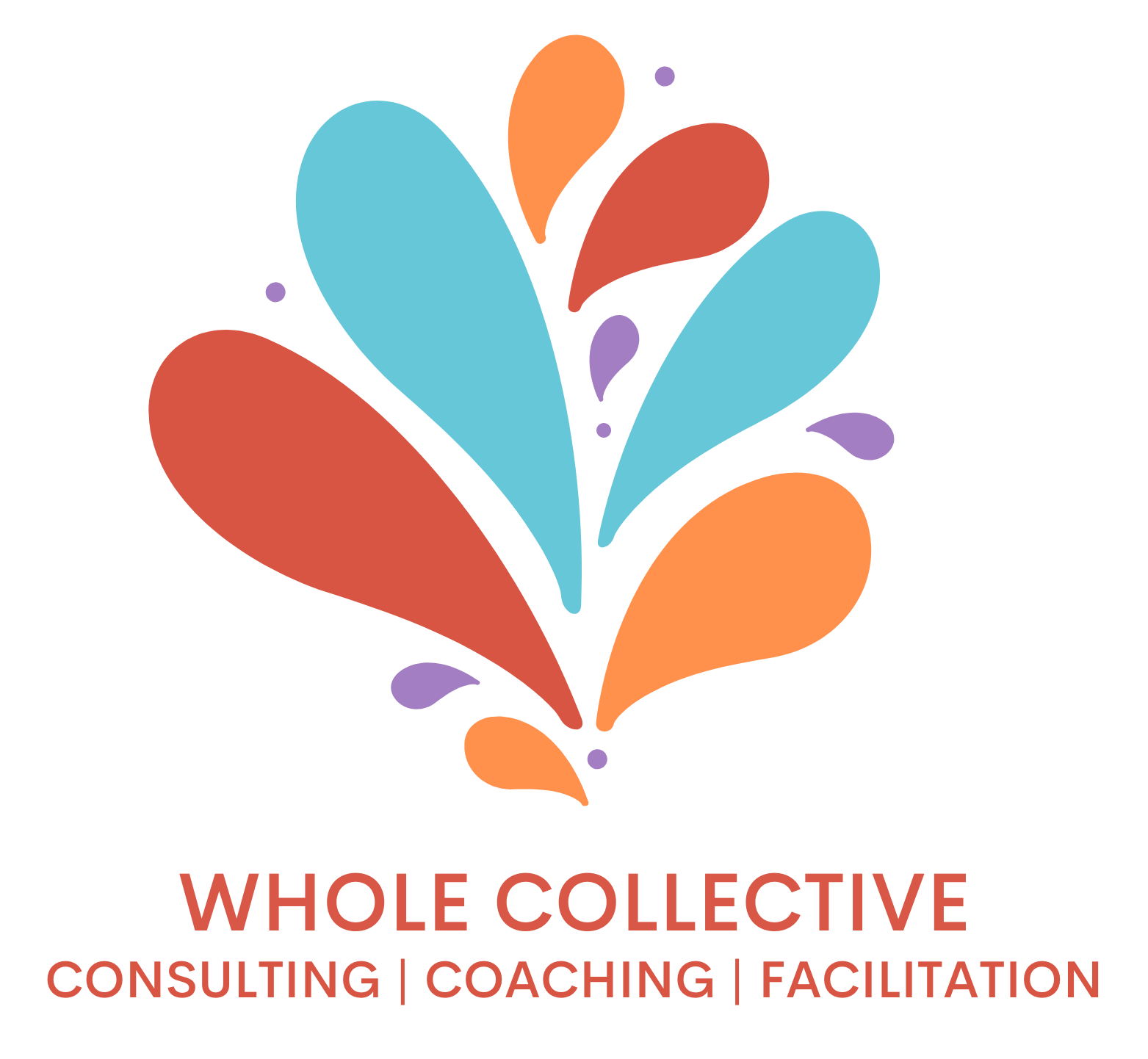 Image: orange, blue, and red splash with red words that state "whole collective consulting, coaching, facilitation"