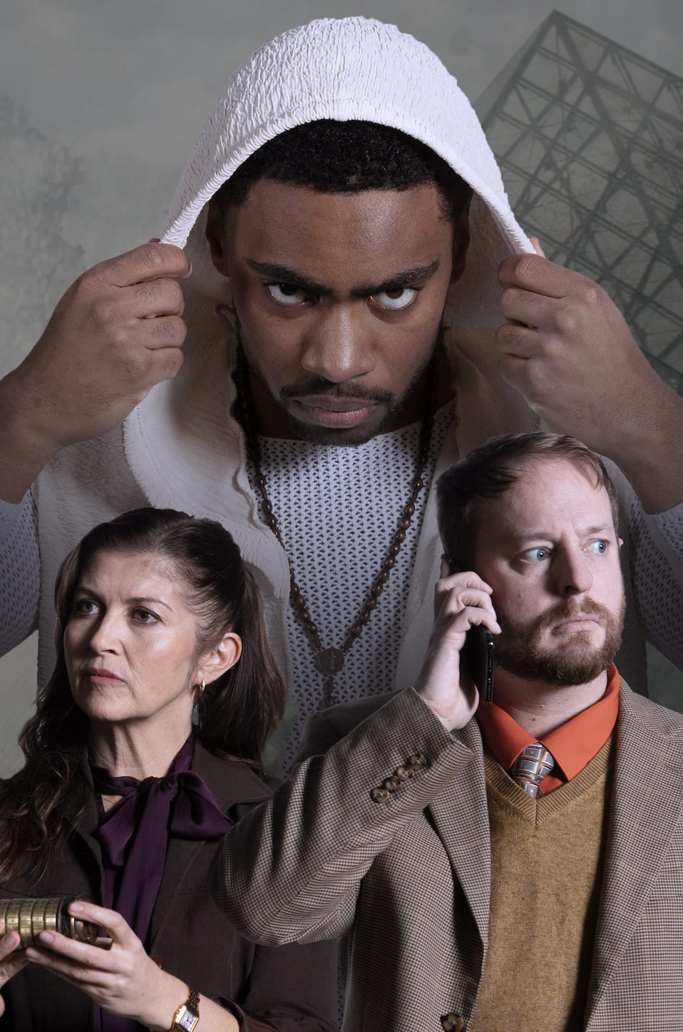 Silas (Brandon Milligan), Sophie (Alli Gamlen), and Robert Langdon (Christian Vaughn-Munck) pose as their characters from THE