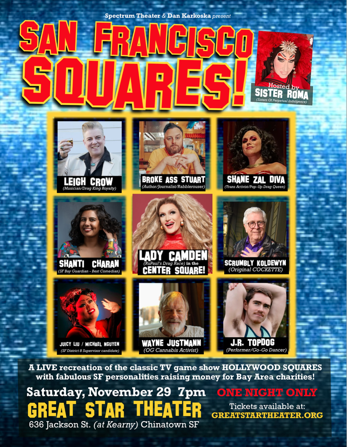 Image of the San Francisco Squares tic-tac-toe board with the celebrities' photos and the host Sister Roma