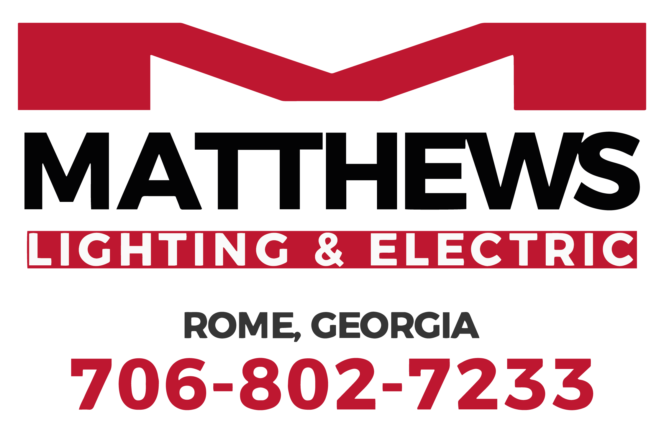 A modern logo for Matthews Lighting & Electric. The logo features a large red 'M' at the top. Below the 'M', the word 'MATTHE
