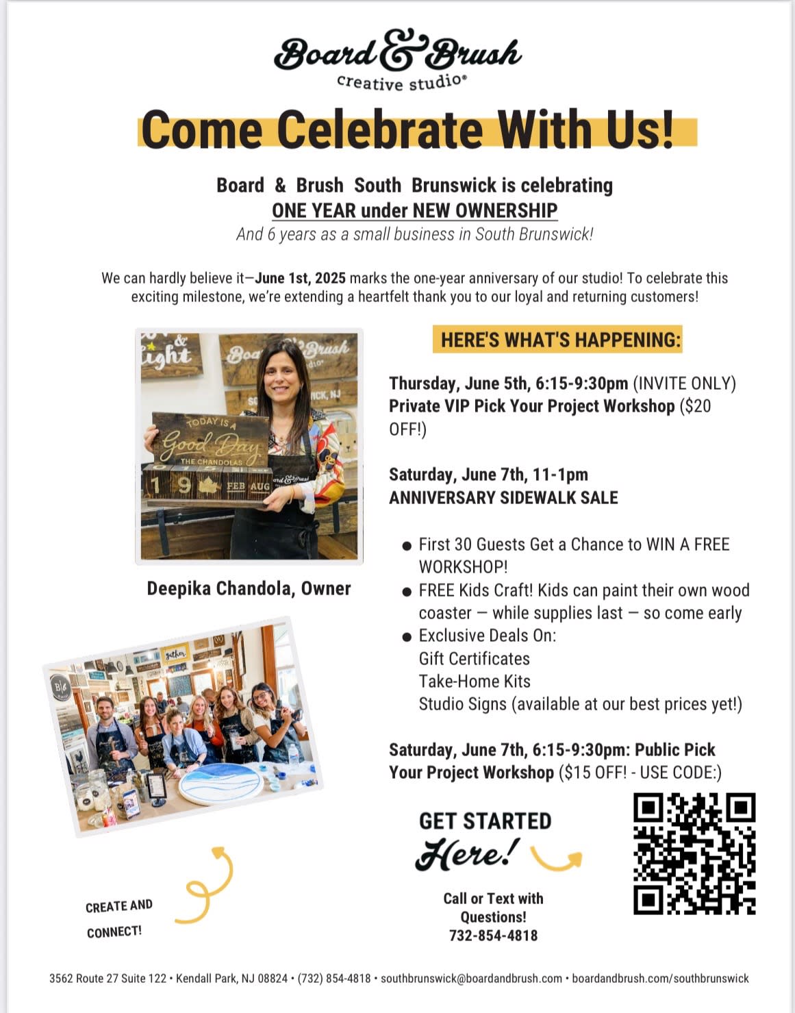 Flyer for Board & Brush South Brunswick's events for celebrating one year under new ownership