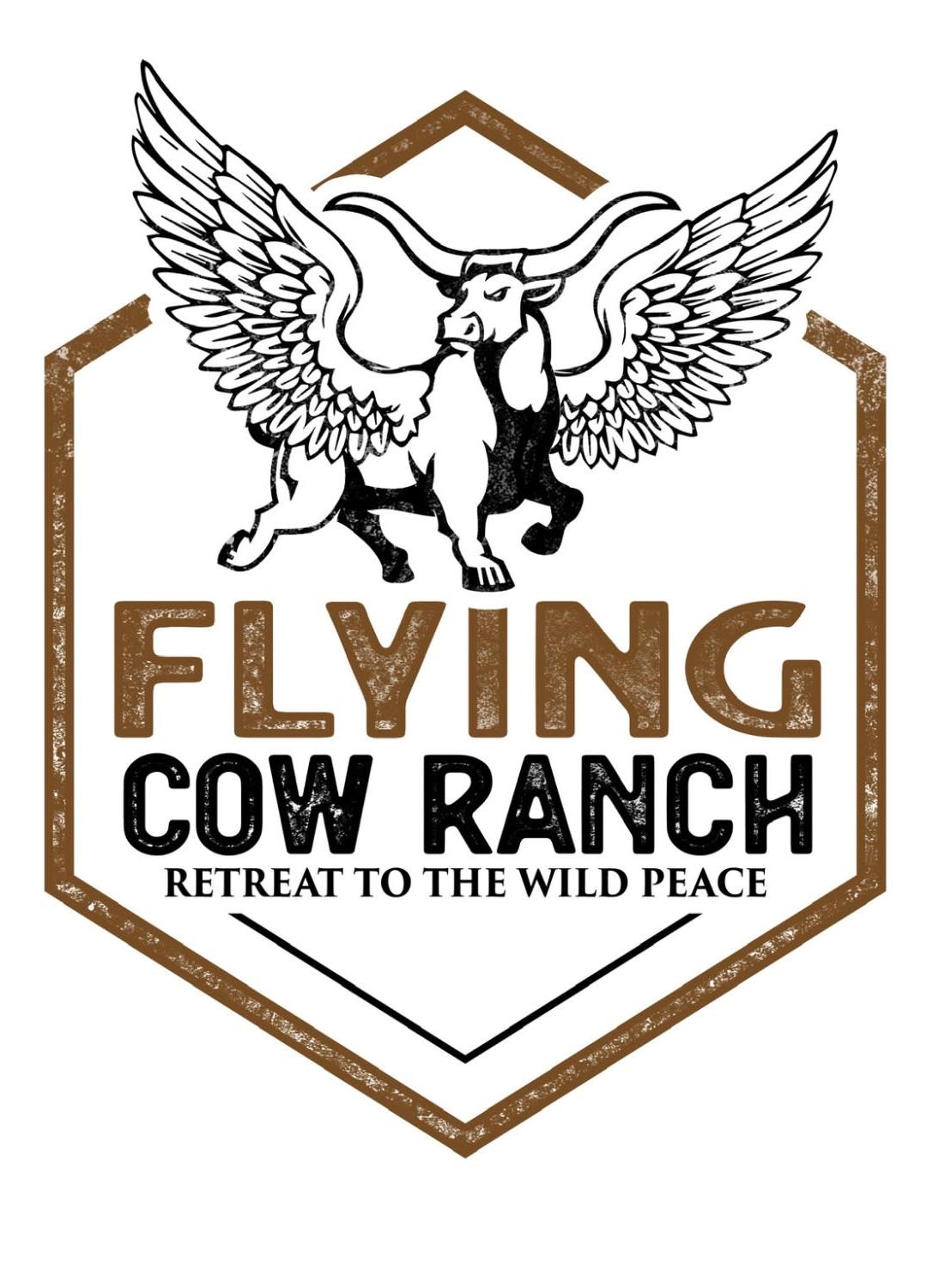 logo with cow and text flying cow ranch retreat to the wild peace