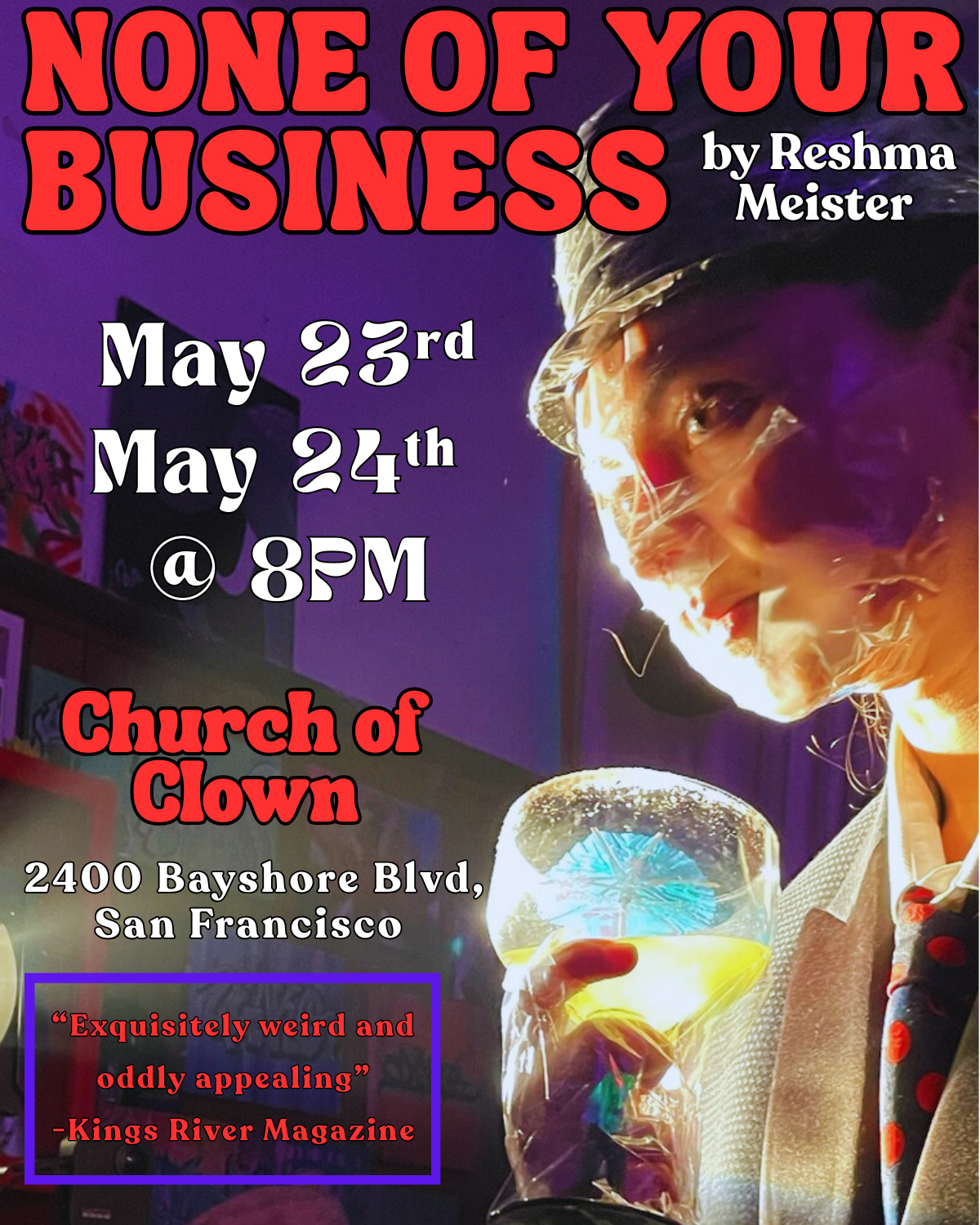purple background with bold red text that reads "None of Your Business." A person with a black hat and beige suit jacket hold