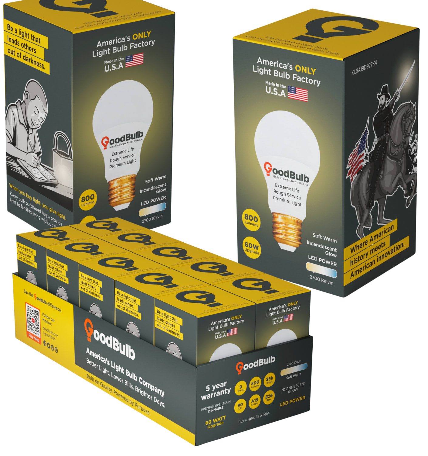 Image showing GoodBulb LED light bulb packaging labeled “America’s ONLY Light Bulb Factory – Made in the U.S.A.” Each box fea